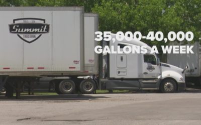 The white semi-truck used to transport goods & sitting at a gas station, needs to fill up with fuel frequently as it uses about 40,000 gallons of gas a week.