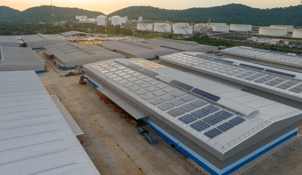 Warehouse with solar panels installed on rooftop