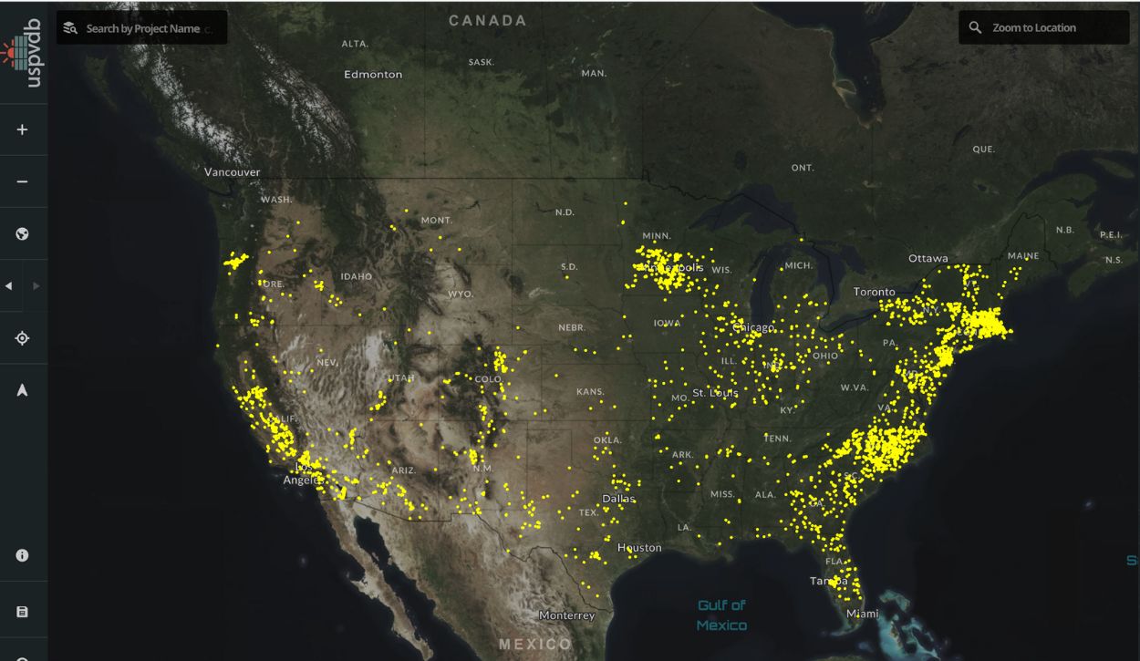 U.S. Solar Photovoltaic Database displaying solar farms in the United States 8