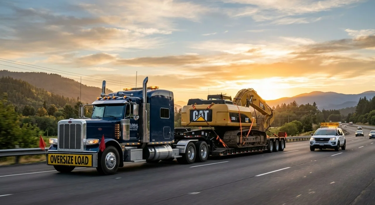 A blue heavy-haul semi-truck transporting a large yellow CAT excavator on a lowboy trailer along a highway at sunset, featuring an 'Oversize Load' banner and an escort pilot car.