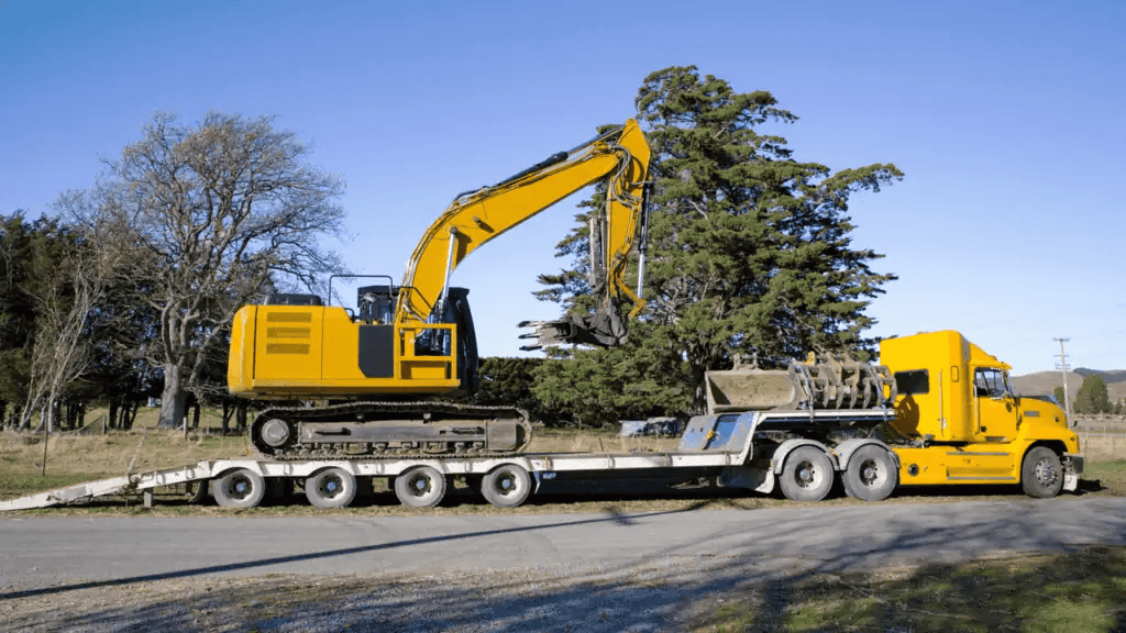 Yellow excavator mounted on a lowboy trailer truck.