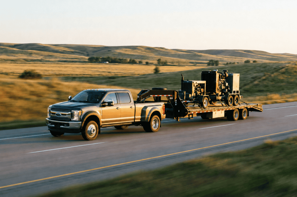 Hotshot truck towing equipment on highway with scenic landscape background.